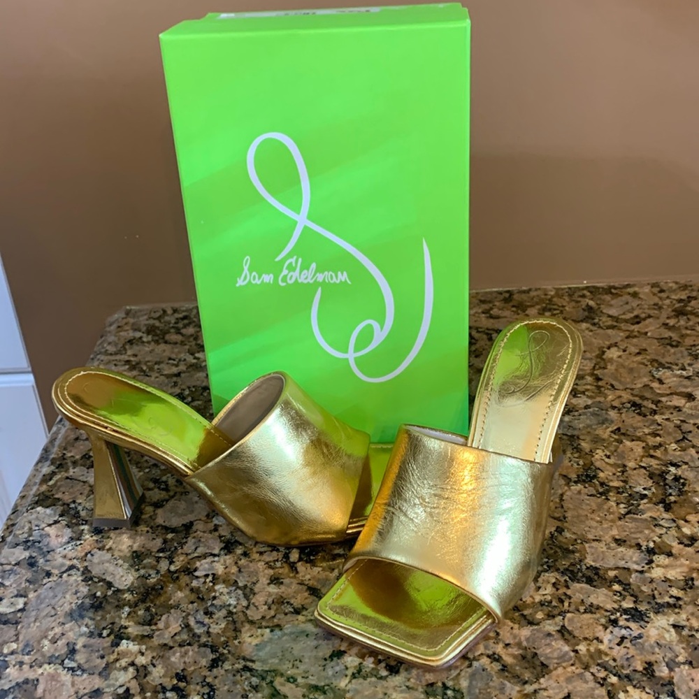 Sam Edelman, gold high heeled slides. Size 6